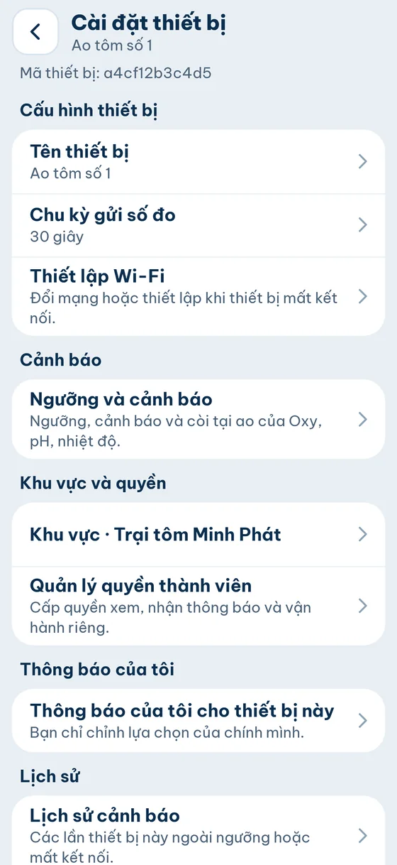 Cài đặt thiết bị: Tên thiết bị, Chu kỳ gửi số đo, Thiết lập Wi-Fi, Ngưỡng và cảnh báo