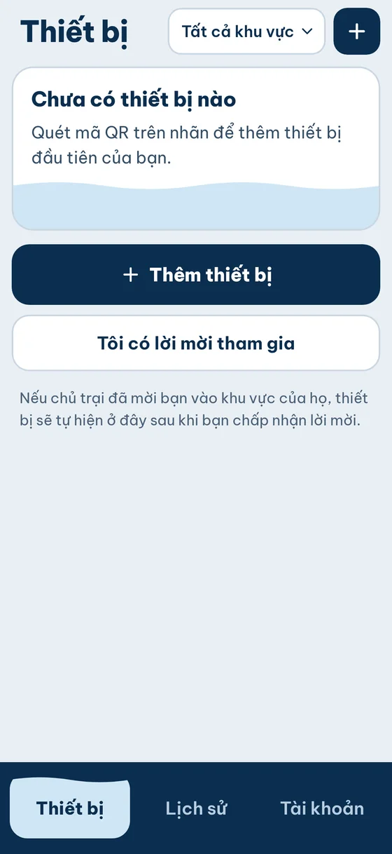 Tab Thiết bị khi chưa có thiết bị, nút Thêm thiết bị