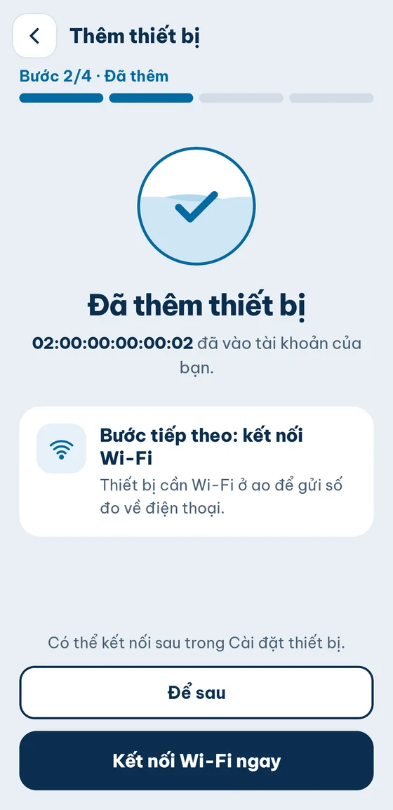 Bước 2/4 Đã thêm thiết bị, nút Kết nối Wi-Fi ngay và Để sau