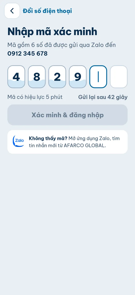 Màn Nhập mã xác minh: 6 ô số, mã có hiệu lực 5 phút