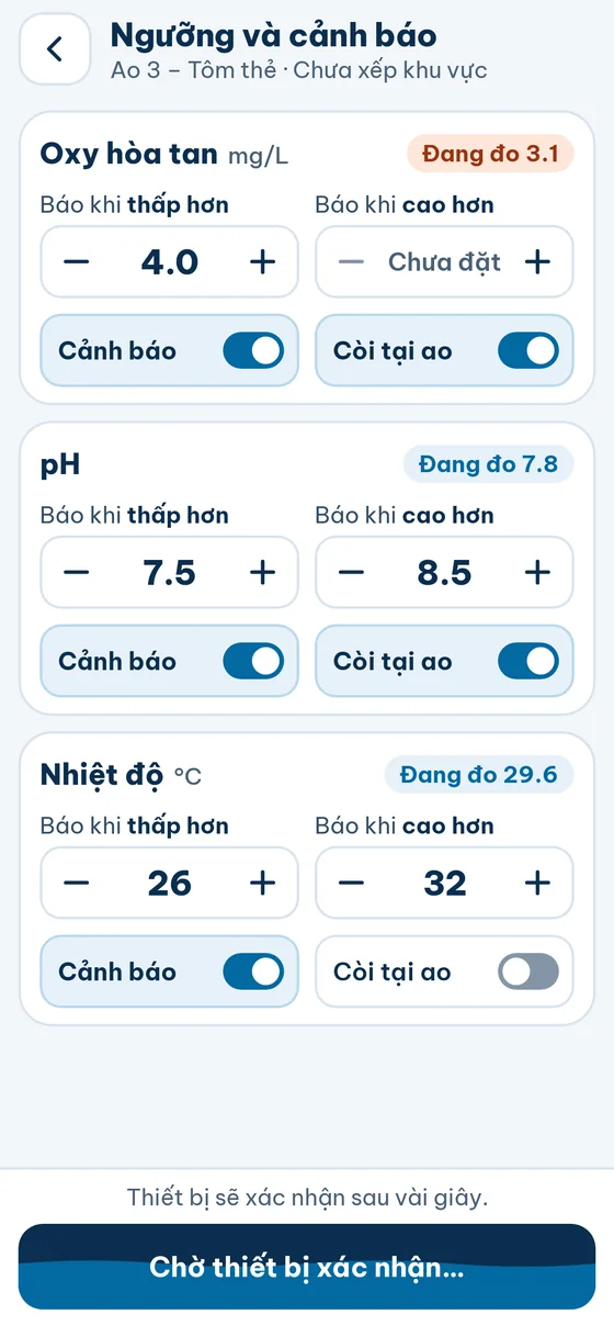Nút Chờ thiết bị xác nhận sau khi lưu ngưỡng