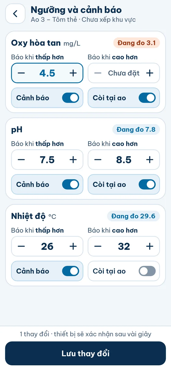 Ngưỡng và cảnh báo: Báo khi thấp hơn, Báo khi cao hơn, công tắc Cảnh báo và Còi tại ao