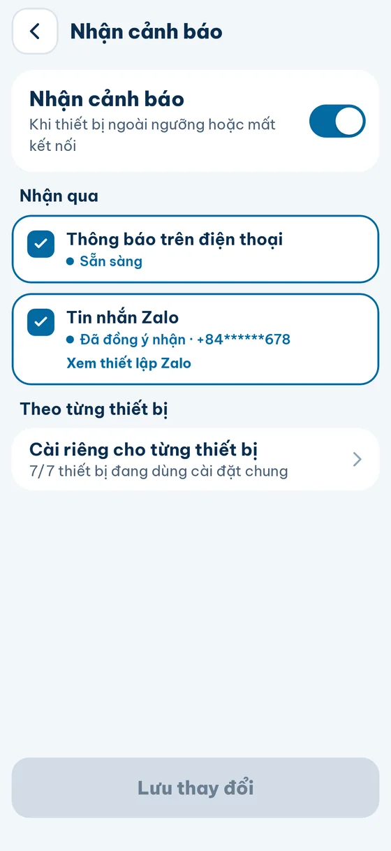 Nhận cảnh báo: công tắc chính, kênh Thông báo trên điện thoại và Tin nhắn Zalo