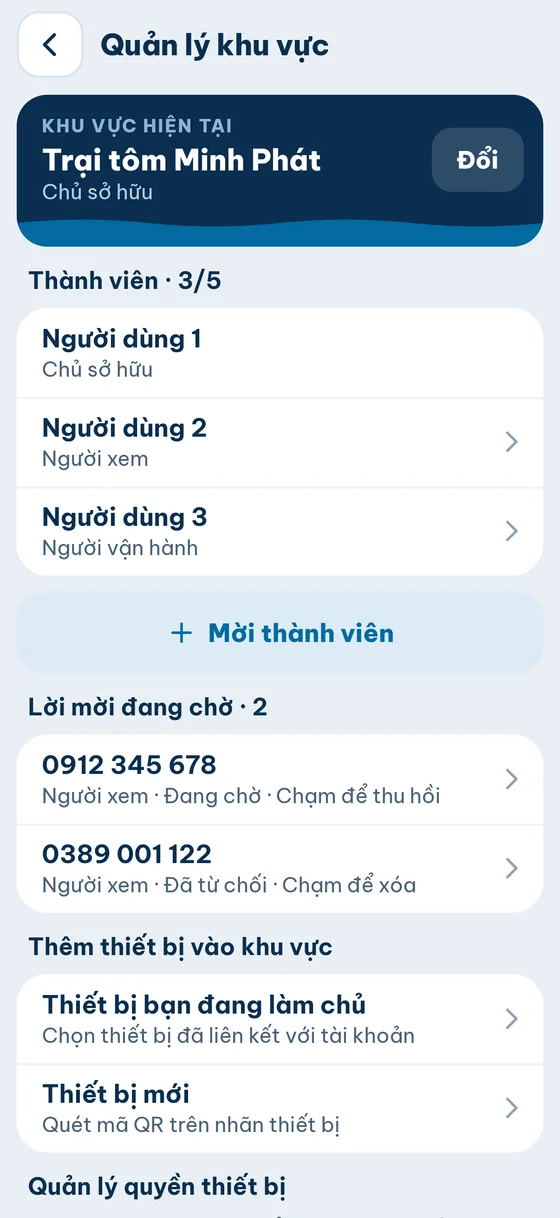 Quản lý khu vực: thành viên, Mời thành viên, lời mời đang chờ, thêm thiết bị vào khu vực