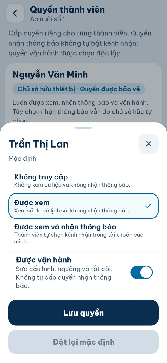 Quyền thành viên: Không truy cập, Được xem, Được xem và nhận thông báo, Được vận hành