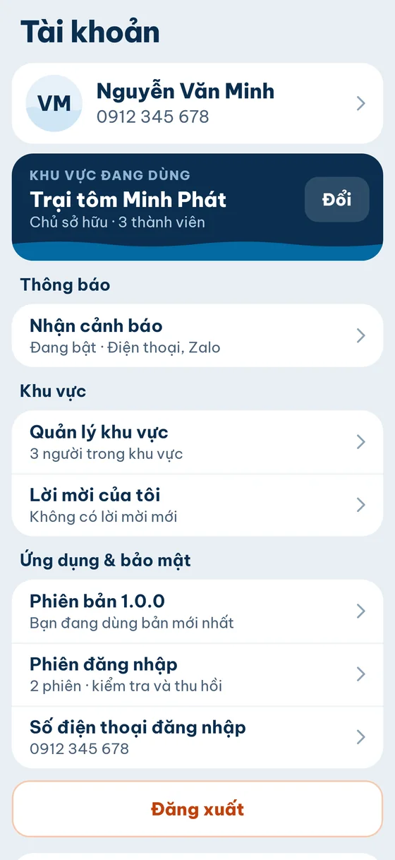 Tab Tài khoản: hồ sơ, khu vực đang dùng, thông báo, khu vực, ứng dụng và bảo mật, Đăng xuất