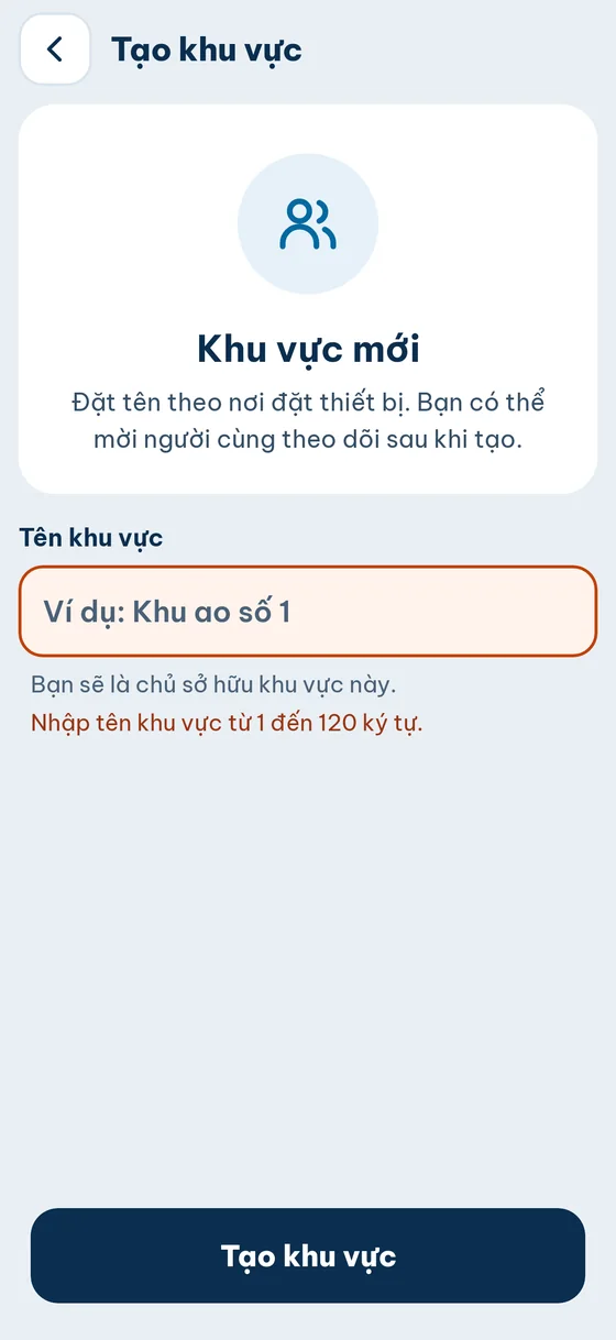 Tạo khu vực: ô Tên khu vực, nút Tạo khu vực