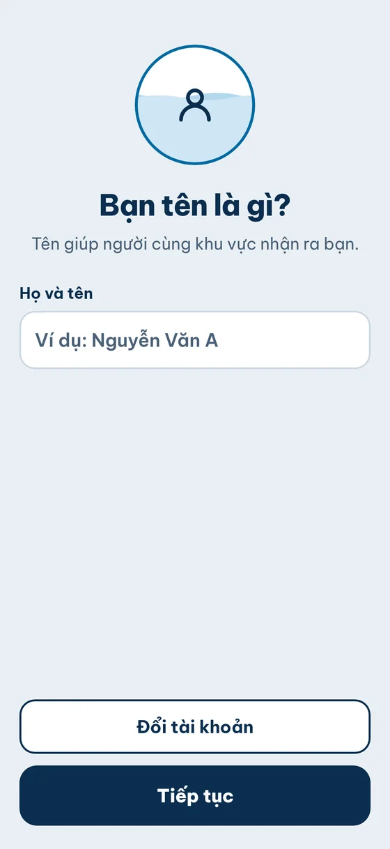 Màn Bạn tên là gì: ô Họ và tên, nút Tiếp tục