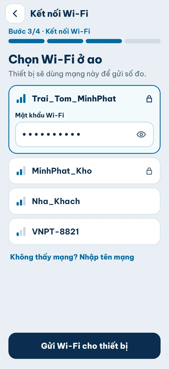 Chọn Wi-Fi ở ao: danh sách mạng, ô Mật khẩu Wi-Fi, nút Gửi Wi-Fi cho thiết bị