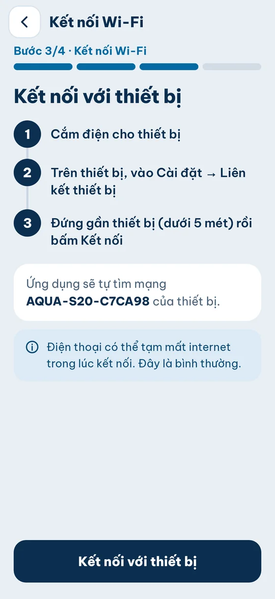 Bước 3/4 Kết nối với thiết bị: 3 việc cần làm, tên mạng AQUA-S20-C7CA98