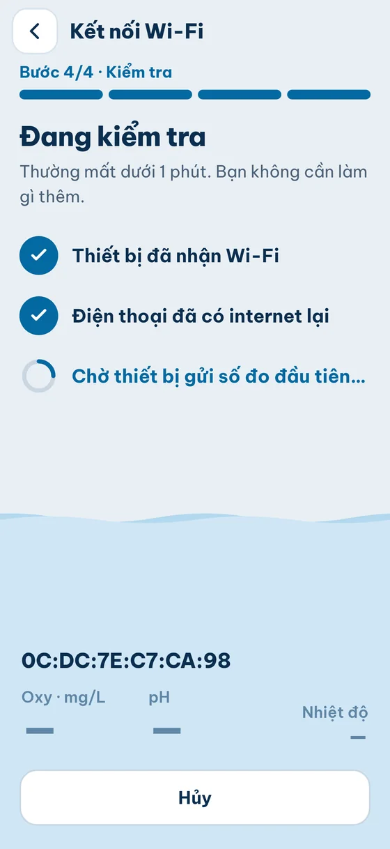 Bước 4/4 Đang kiểm tra: thiết bị đã nhận Wi-Fi, điện thoại đã có internet lại, chờ số đo đầu tiên