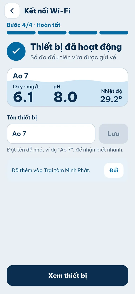 Bước 4/4 Hoàn tất: Thiết bị đã hoạt động, ô Tên thiết bị, nút Xem thiết bị