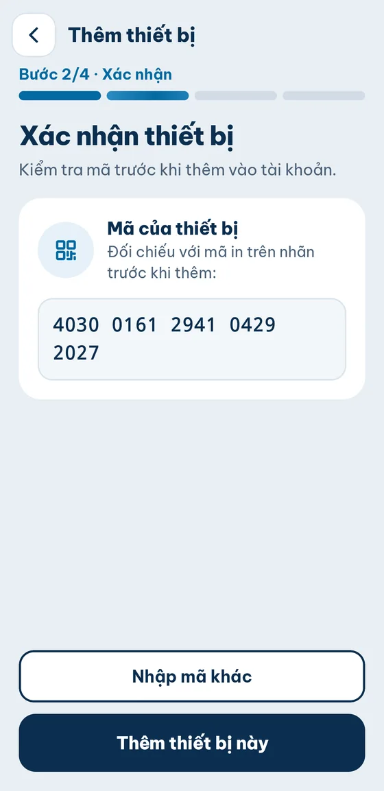 Bước 2/4 Xác nhận thiết bị: mã 4030 0161 2941 0429 2027, nút Thêm thiết bị này