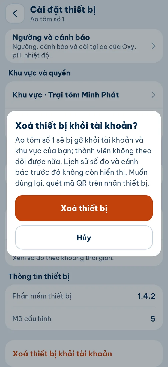 Hộp thoại Xoá thiết bị khỏi tài khoản với nút Xoá thiết bị và Hủy