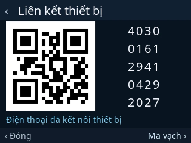 Màn hình thiết bị Liên kết thiết bị, dòng dưới mã QR: Điện thoại đã kết nối thiết bị