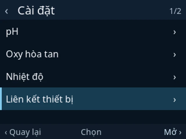 Cài đặt trang 1: pH, Oxy hòa tan, Nhiệt độ, Liên kết thiết bị (đang chọn)