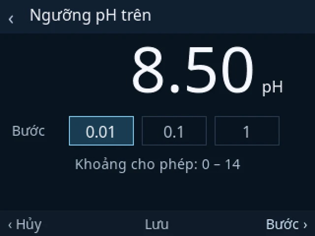Màn hình chỉnh Ngưỡng pH trên 8.50, bước 0.01, khoảng cho phép 0 đến 14