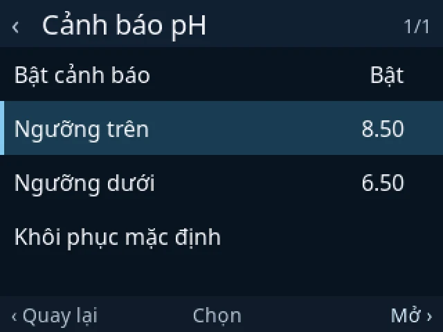 Màn hình Cảnh báo pH: Bật cảnh báo Bật, Ngưỡng trên 8.50, Ngưỡng dưới 6.50, Khôi phục mặc định