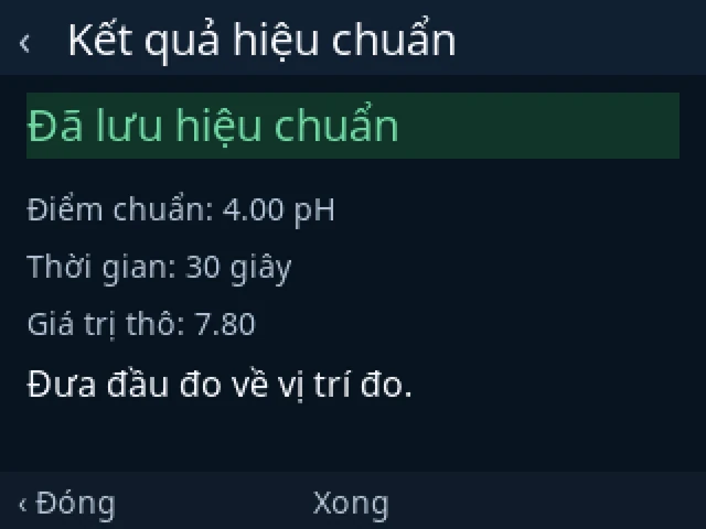 Kết quả hiệu chuẩn: Đã lưu hiệu chuẩn, điểm chuẩn 4.00 pH