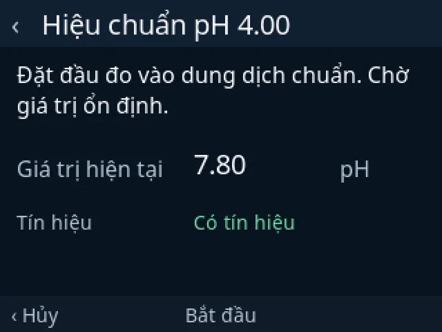 Hiệu chuẩn pH 4.00: đặt đầu đo vào dung dịch chuẩn, giá trị hiện tại, nút Bắt đầu
