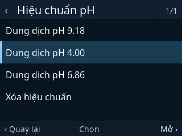 Hiệu chuẩn pH: Dung dịch pH 9.18, 4.00, 6.86, Xóa hiệu chuẩn