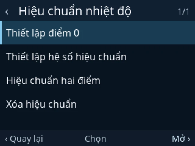 Hiệu chuẩn nhiệt độ: Thiết lập điểm 0, hệ số hiệu chuẩn, hai điểm, xóa