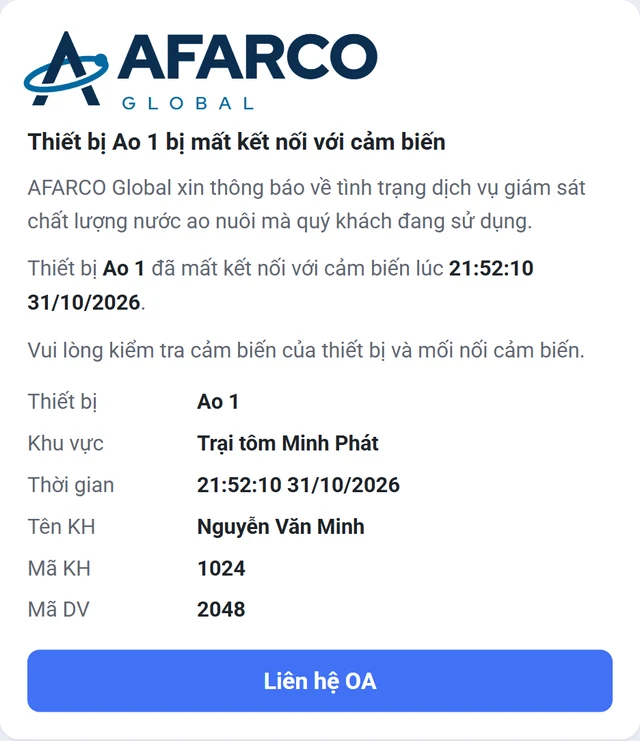 Tin Zalo Thiết bị Ao 1 bị mất kết nối với cảm biến, vui lòng kiểm tra cảm biến và mối nối