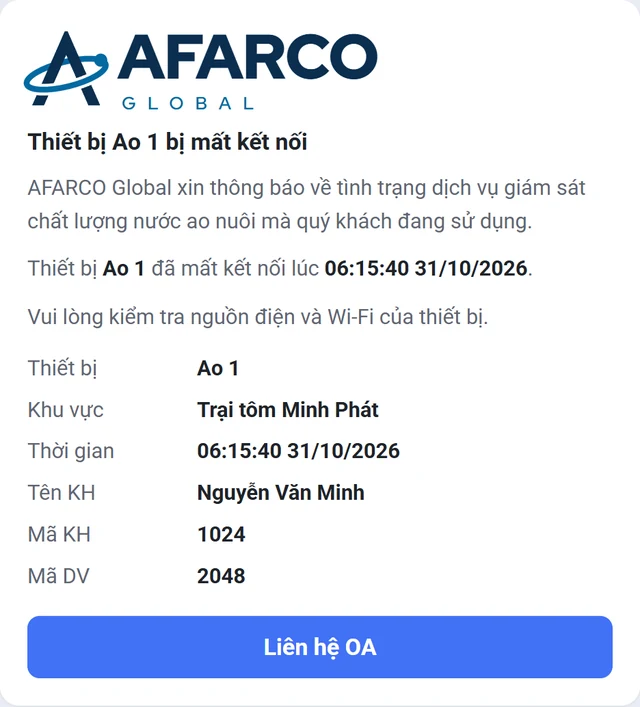 Tin Zalo Thiết bị Ao 1 bị mất kết nối, vui lòng kiểm tra nguồn điện và Wi-Fi